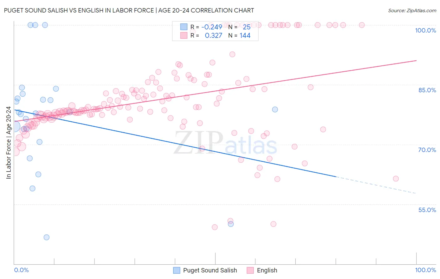 Puget Sound Salish vs English In Labor Force | Age 20-24