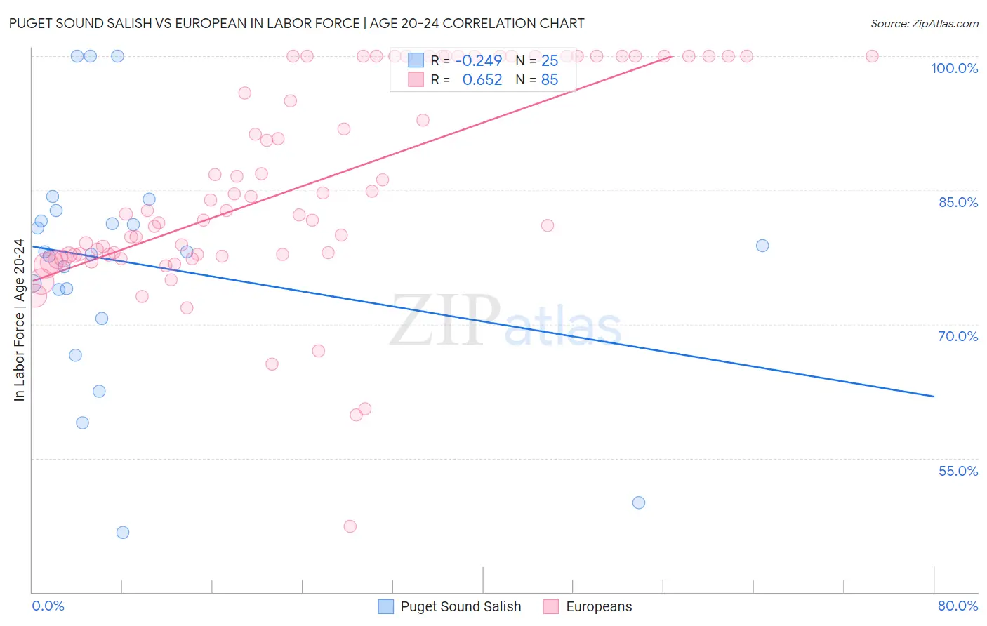 Puget Sound Salish vs European In Labor Force | Age 20-24