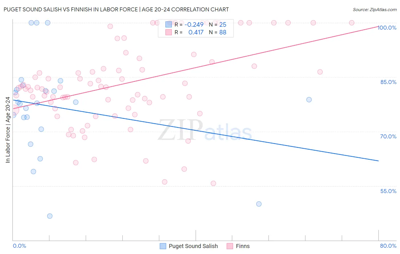 Puget Sound Salish vs Finnish In Labor Force | Age 20-24