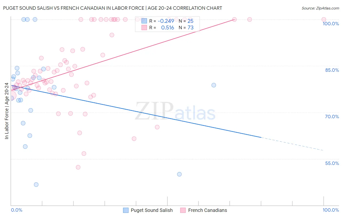 Puget Sound Salish vs French Canadian In Labor Force | Age 20-24