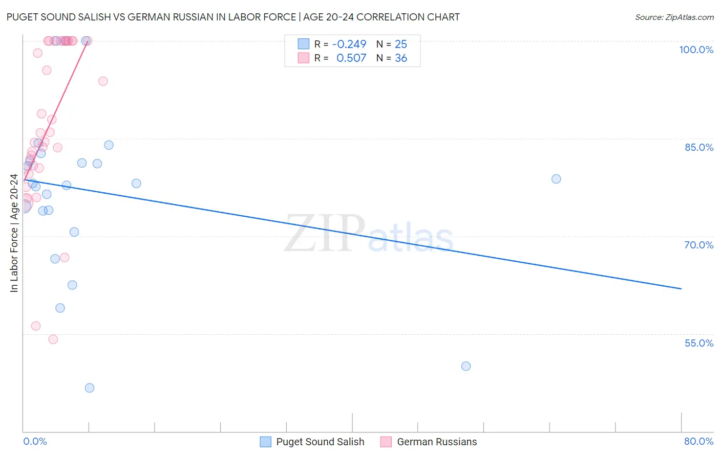 Puget Sound Salish vs German Russian In Labor Force | Age 20-24