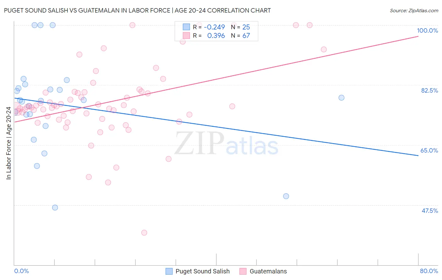 Puget Sound Salish vs Guatemalan In Labor Force | Age 20-24