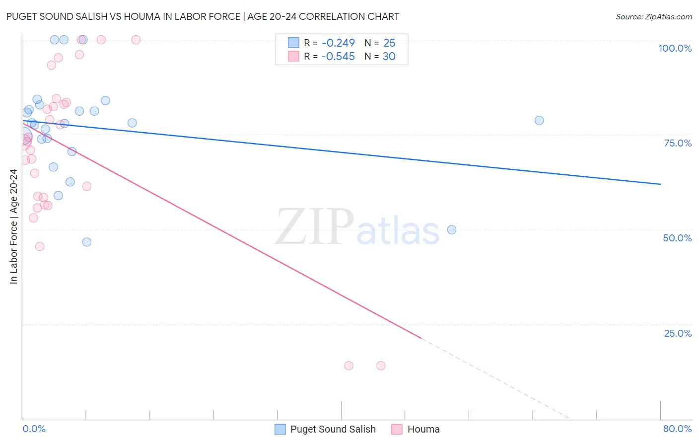 Puget Sound Salish vs Houma In Labor Force | Age 20-24