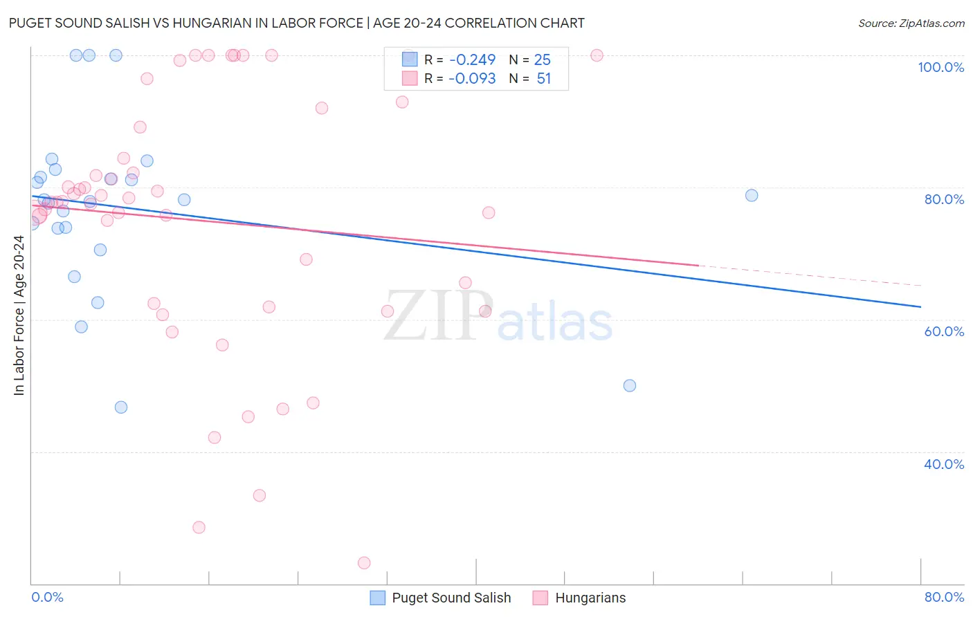 Puget Sound Salish vs Hungarian In Labor Force | Age 20-24