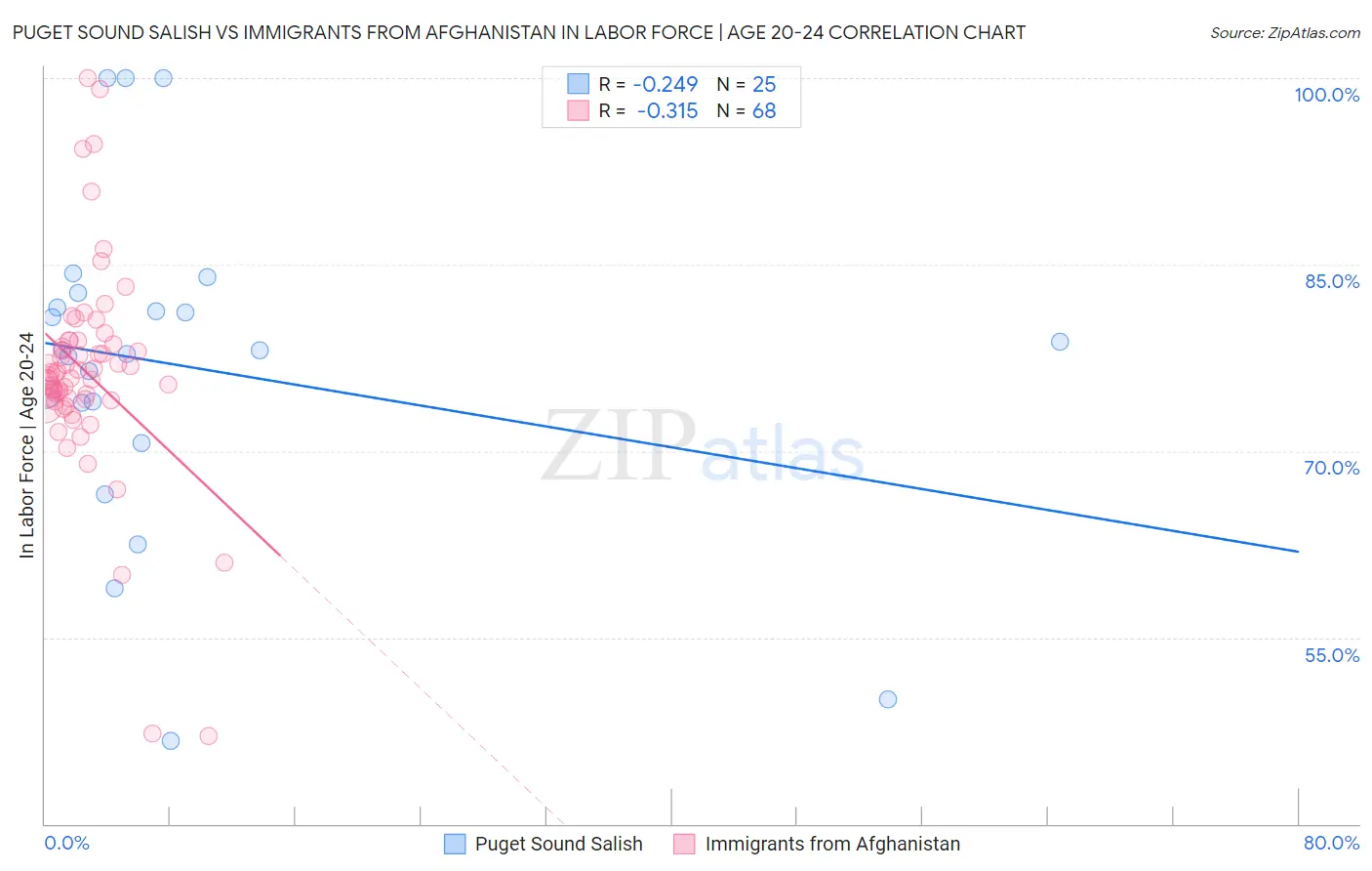 Puget Sound Salish vs Immigrants from Afghanistan In Labor Force | Age 20-24