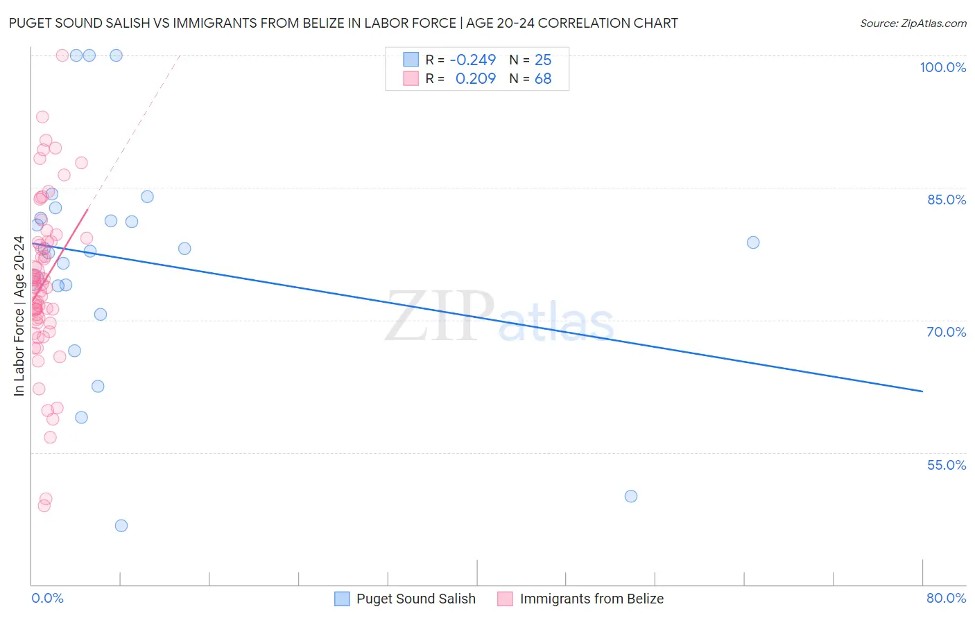 Puget Sound Salish vs Immigrants from Belize In Labor Force | Age 20-24