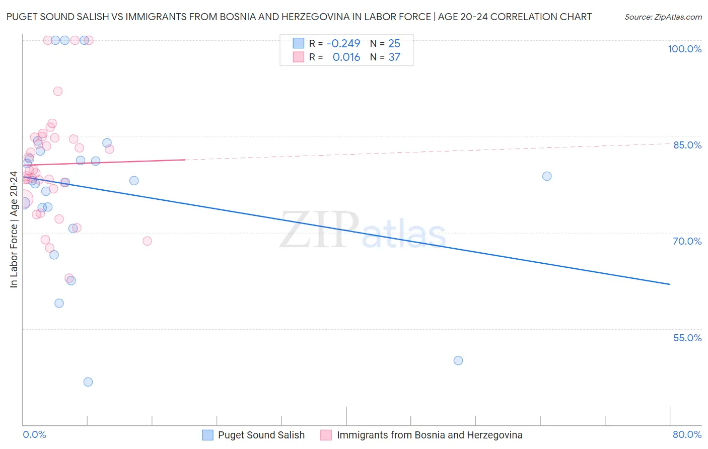 Puget Sound Salish vs Immigrants from Bosnia and Herzegovina In Labor Force | Age 20-24