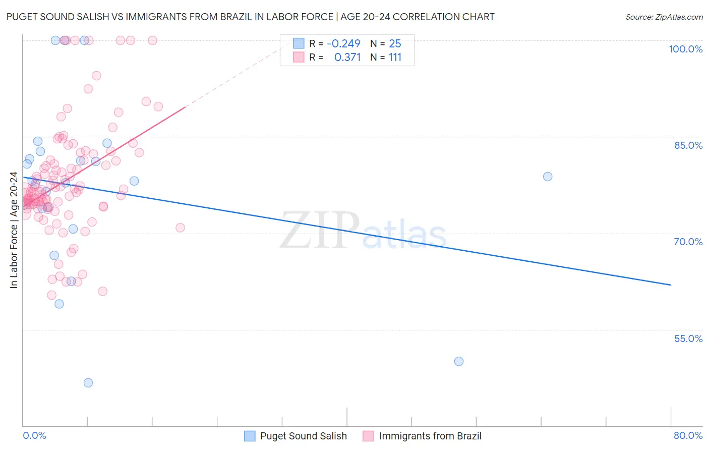 Puget Sound Salish vs Immigrants from Brazil In Labor Force | Age 20-24