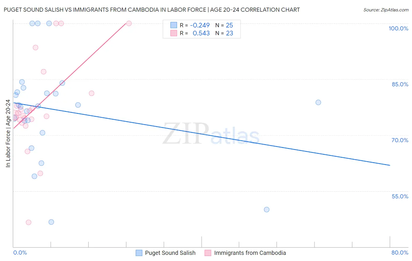 Puget Sound Salish vs Immigrants from Cambodia In Labor Force | Age 20-24