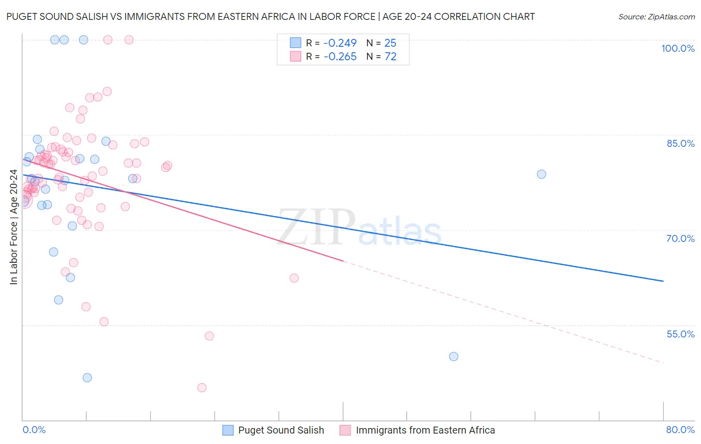 Puget Sound Salish vs Immigrants from Eastern Africa In Labor Force | Age 20-24