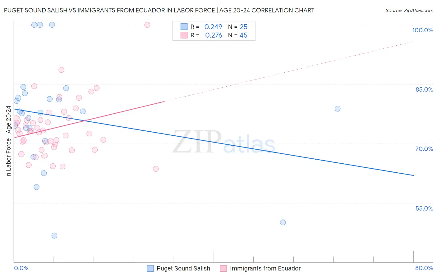 Puget Sound Salish vs Immigrants from Ecuador In Labor Force | Age 20-24