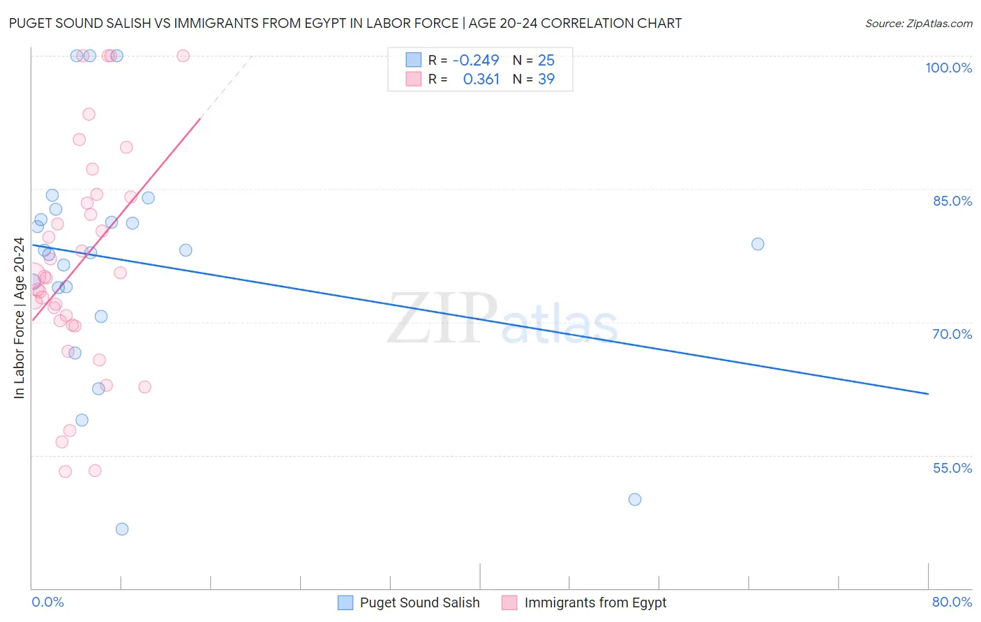 Puget Sound Salish vs Immigrants from Egypt In Labor Force | Age 20-24