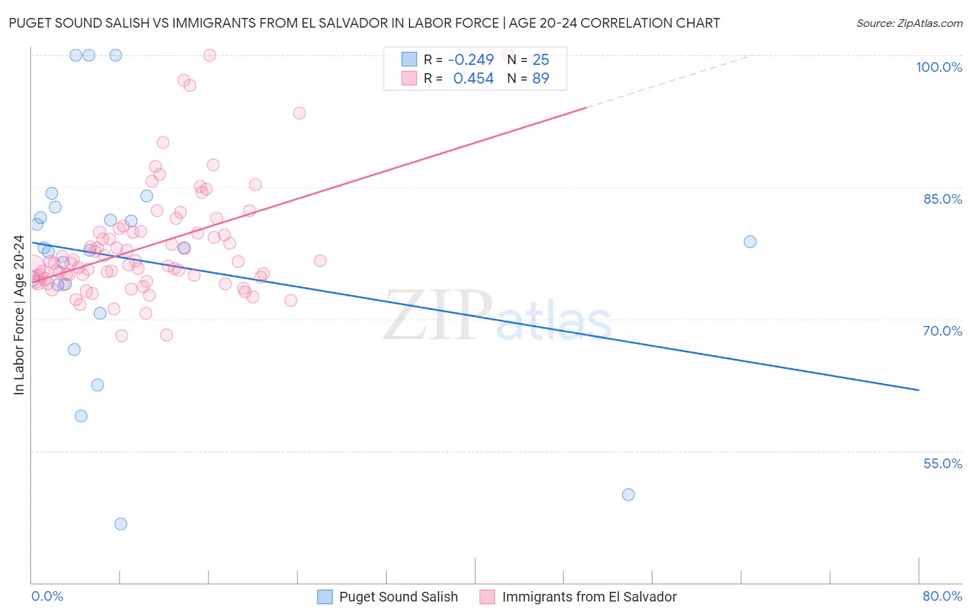 Puget Sound Salish vs Immigrants from El Salvador In Labor Force | Age 20-24