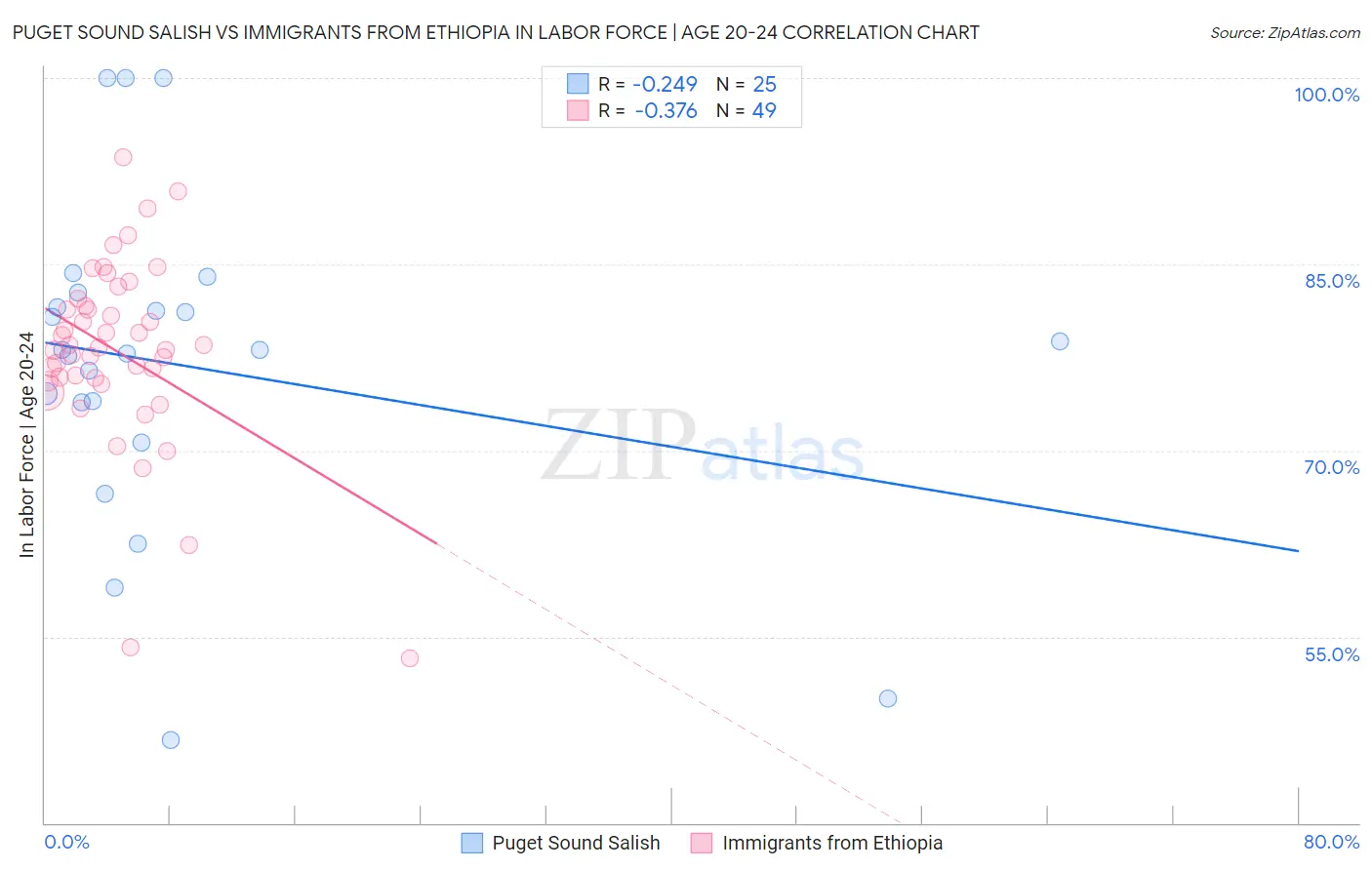 Puget Sound Salish vs Immigrants from Ethiopia In Labor Force | Age 20-24
