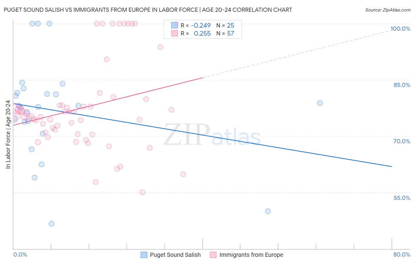 Puget Sound Salish vs Immigrants from Europe In Labor Force | Age 20-24