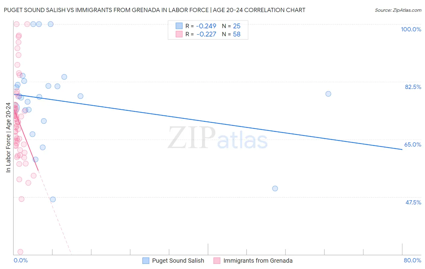 Puget Sound Salish vs Immigrants from Grenada In Labor Force | Age 20-24