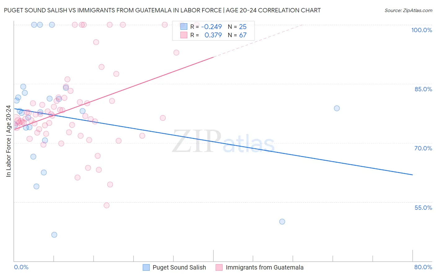 Puget Sound Salish vs Immigrants from Guatemala In Labor Force | Age 20-24