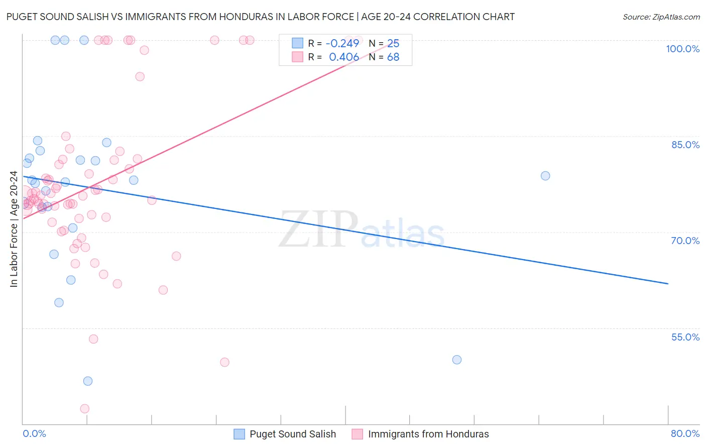 Puget Sound Salish vs Immigrants from Honduras In Labor Force | Age 20-24