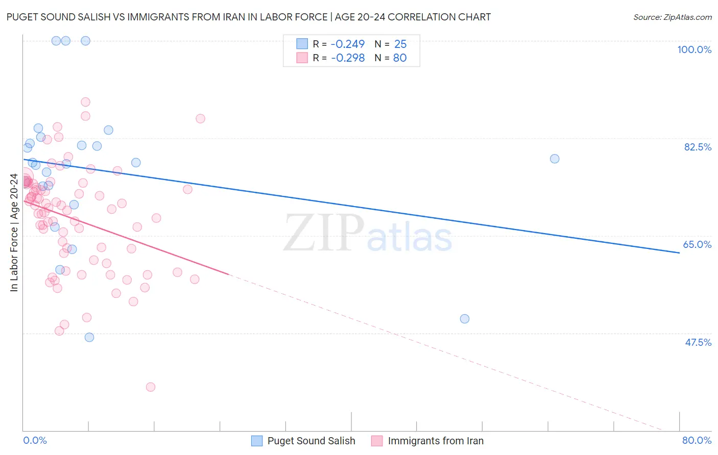 Puget Sound Salish vs Immigrants from Iran In Labor Force | Age 20-24