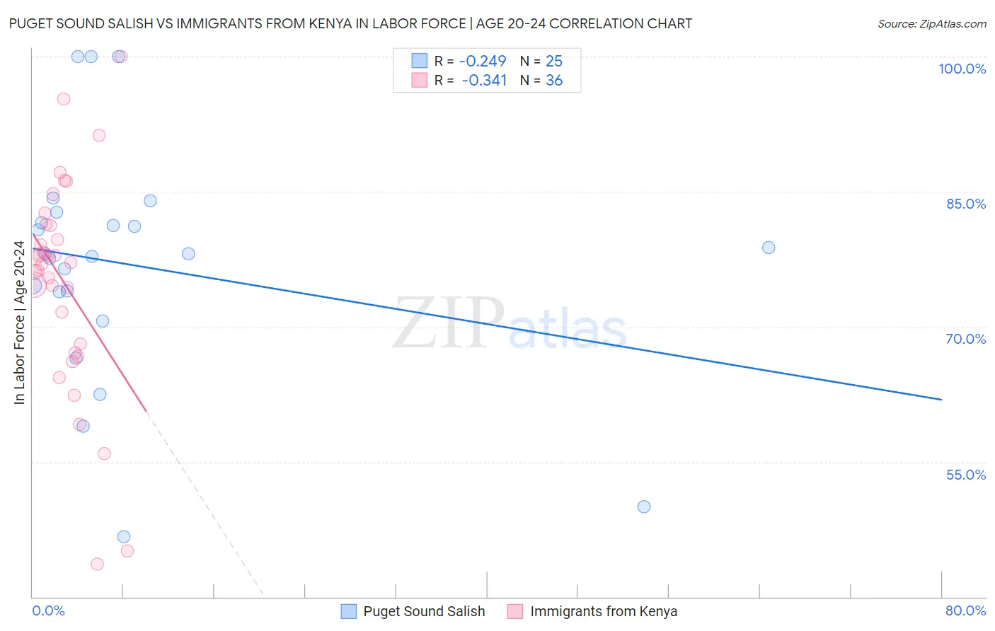 Puget Sound Salish vs Immigrants from Kenya In Labor Force | Age 20-24