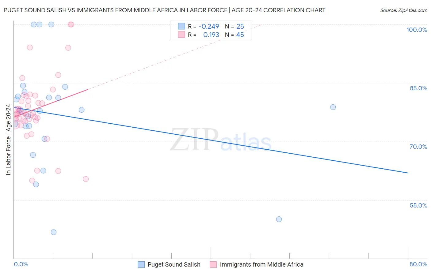 Puget Sound Salish vs Immigrants from Middle Africa In Labor Force | Age 20-24