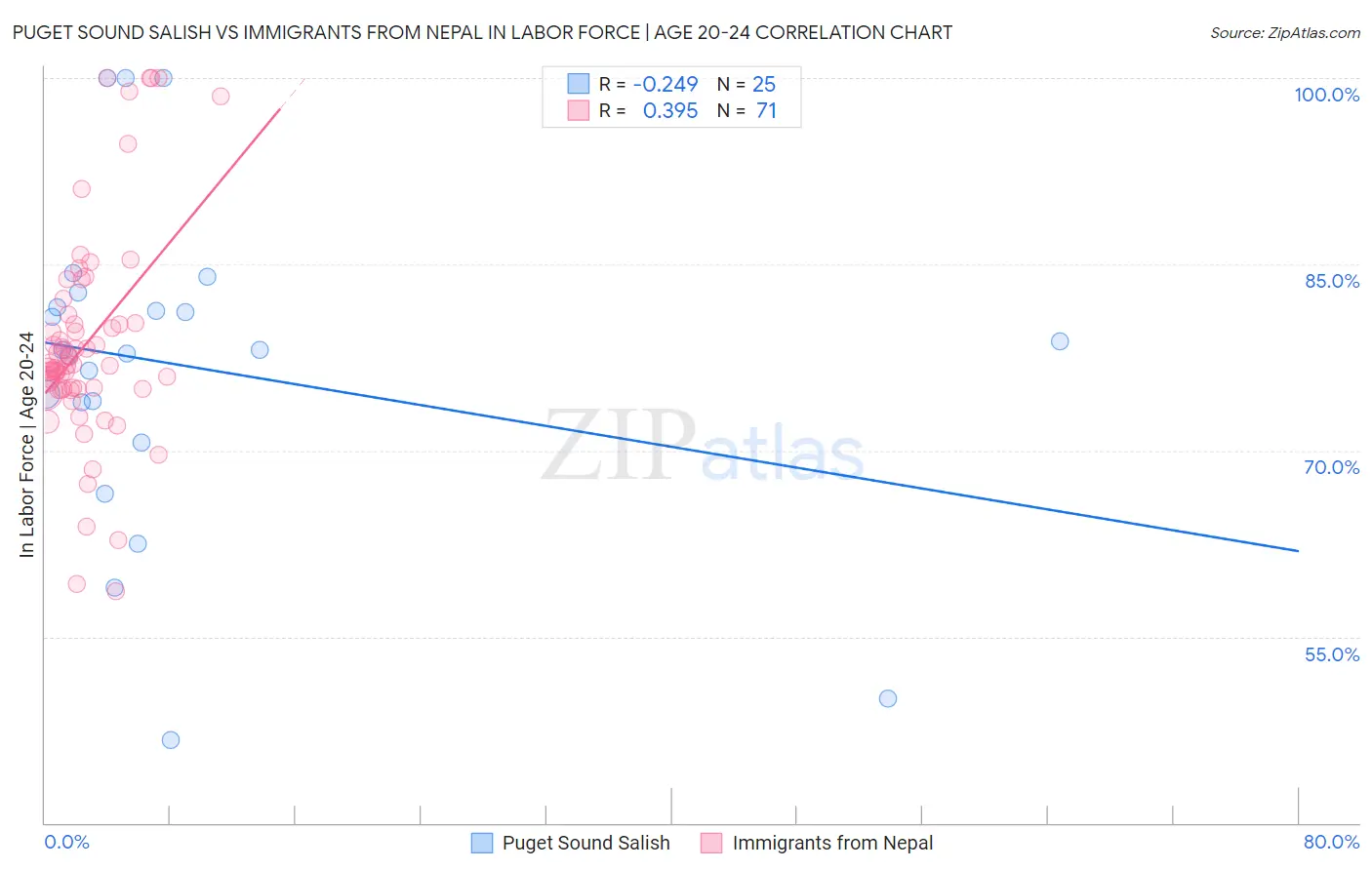 Puget Sound Salish vs Immigrants from Nepal In Labor Force | Age 20-24