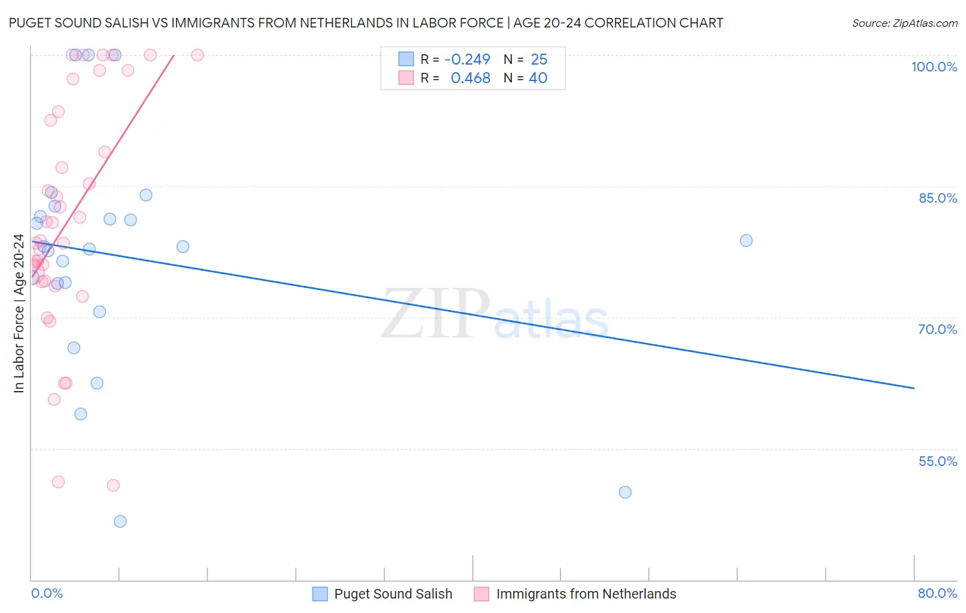 Puget Sound Salish vs Immigrants from Netherlands In Labor Force | Age 20-24