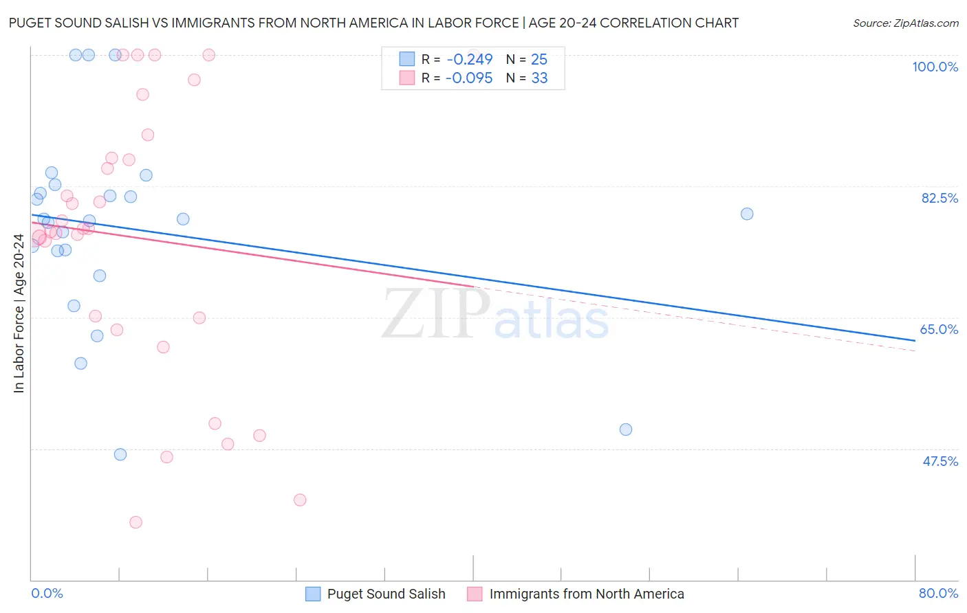 Puget Sound Salish vs Immigrants from North America In Labor Force | Age 20-24