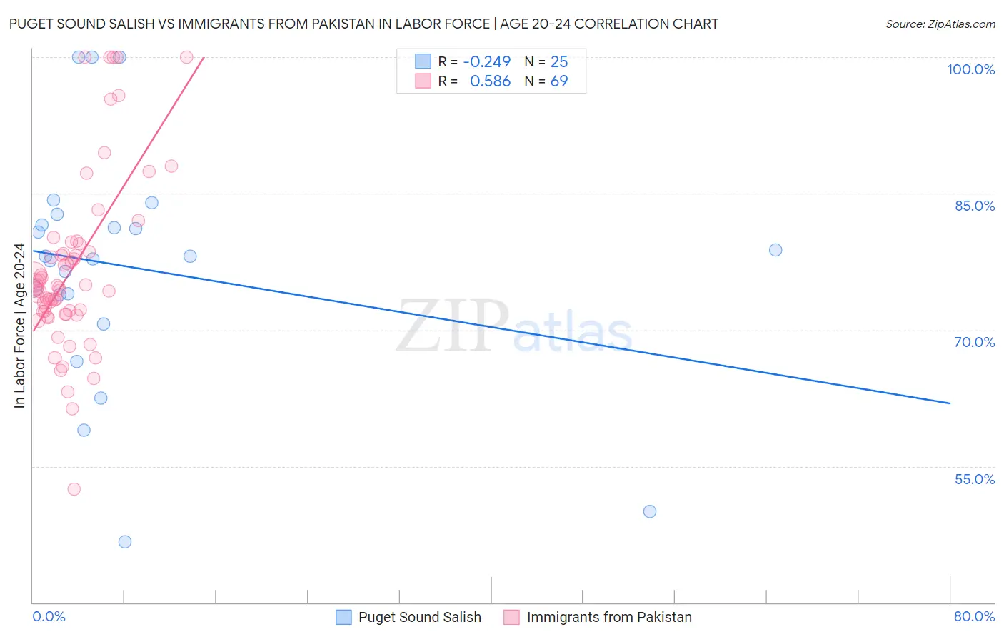 Puget Sound Salish vs Immigrants from Pakistan In Labor Force | Age 20-24