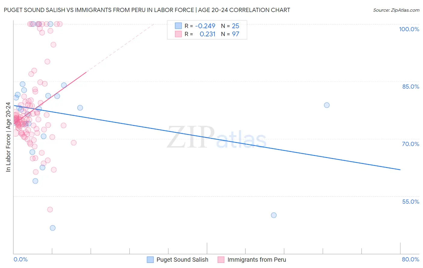 Puget Sound Salish vs Immigrants from Peru In Labor Force | Age 20-24