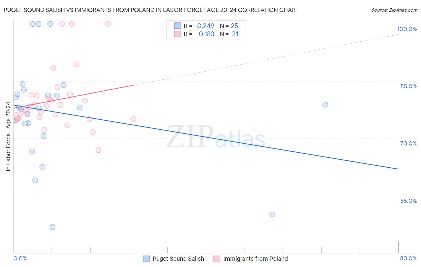 Puget Sound Salish vs Immigrants from Poland In Labor Force | Age 20-24