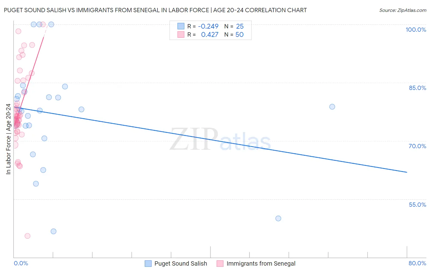 Puget Sound Salish vs Immigrants from Senegal In Labor Force | Age 20-24