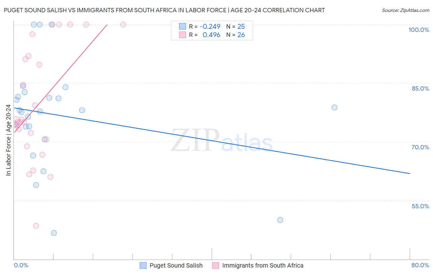 Puget Sound Salish vs Immigrants from South Africa In Labor Force | Age 20-24