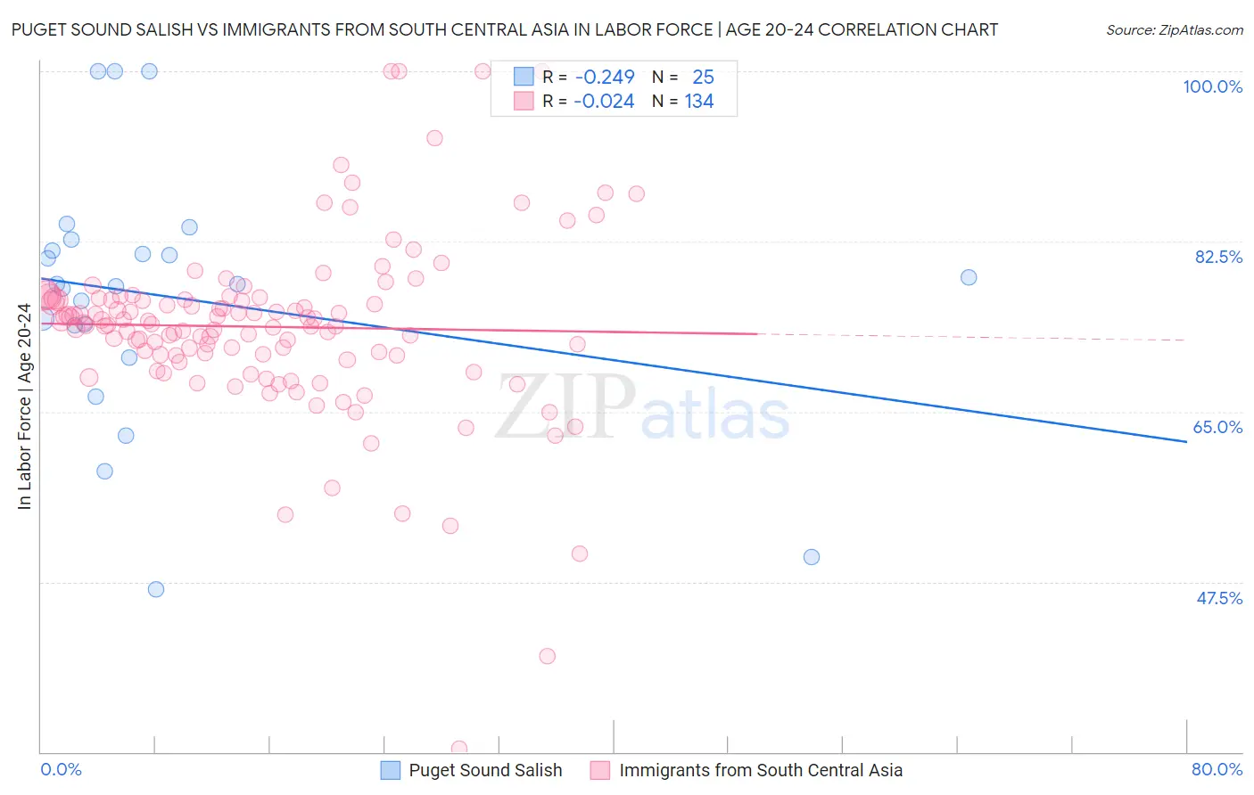 Puget Sound Salish vs Immigrants from South Central Asia In Labor Force | Age 20-24