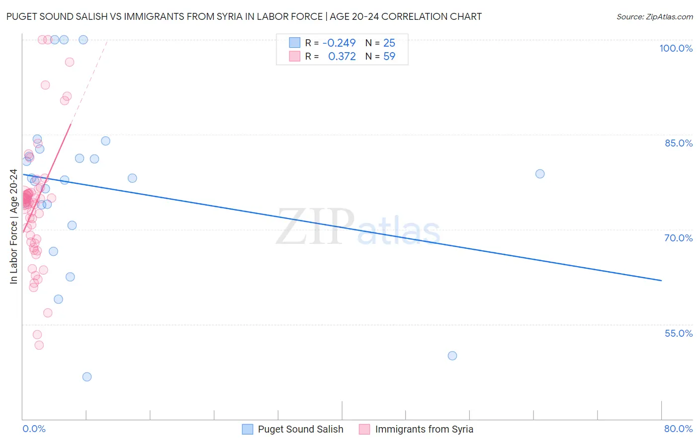 Puget Sound Salish vs Immigrants from Syria In Labor Force | Age 20-24