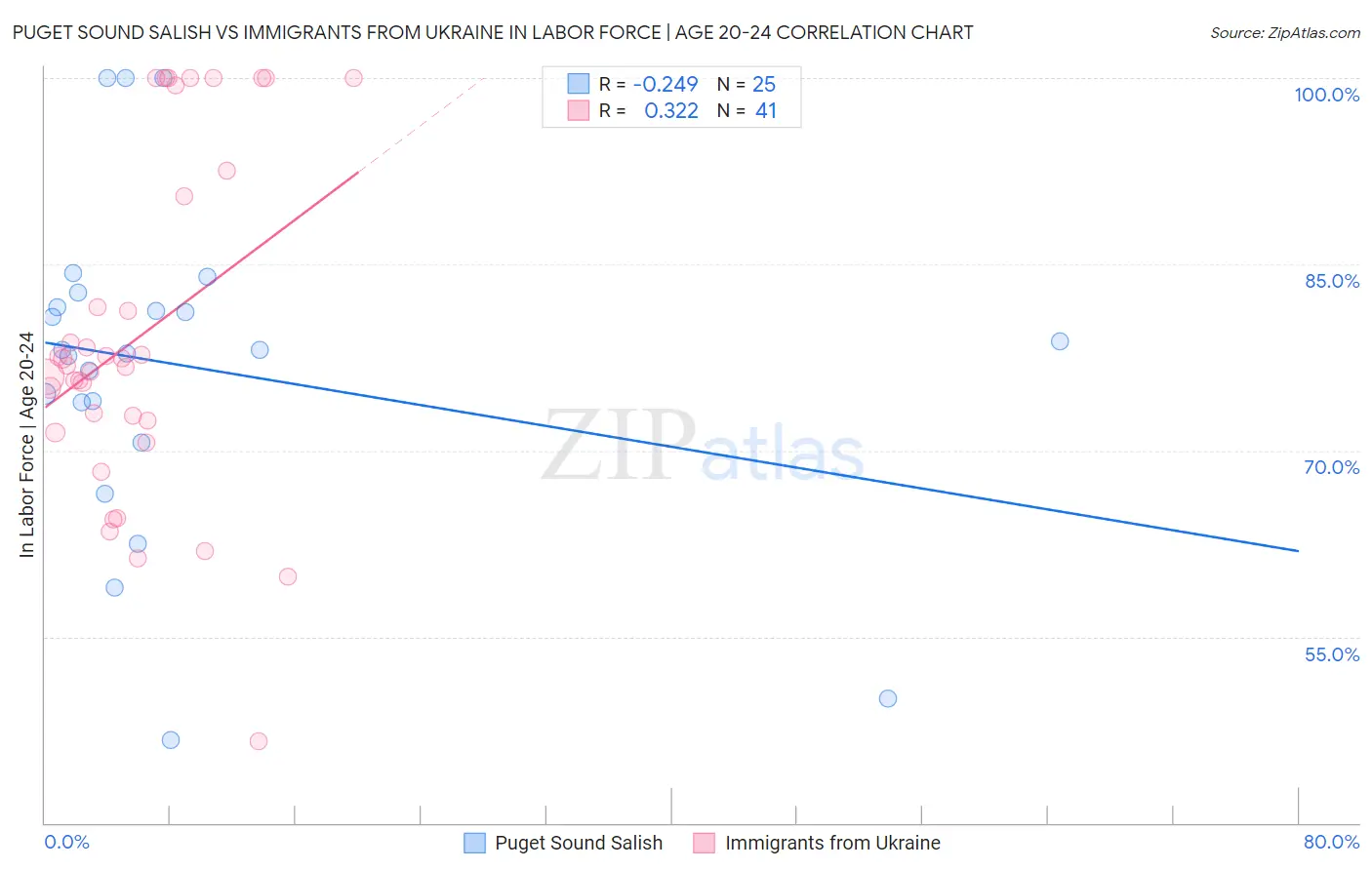 Puget Sound Salish vs Immigrants from Ukraine In Labor Force | Age 20-24
