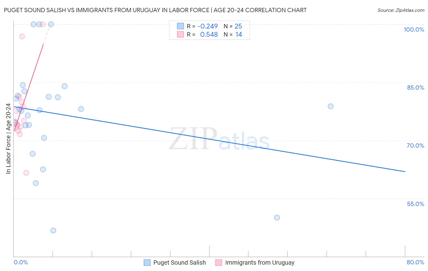 Puget Sound Salish vs Immigrants from Uruguay In Labor Force | Age 20-24