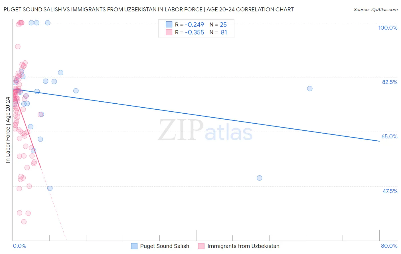 Puget Sound Salish vs Immigrants from Uzbekistan In Labor Force | Age 20-24