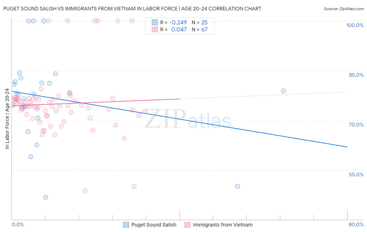Puget Sound Salish vs Immigrants from Vietnam In Labor Force | Age 20-24