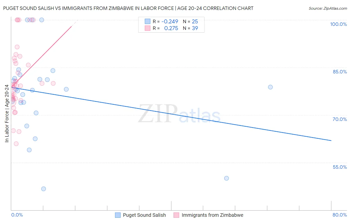 Puget Sound Salish vs Immigrants from Zimbabwe In Labor Force | Age 20-24