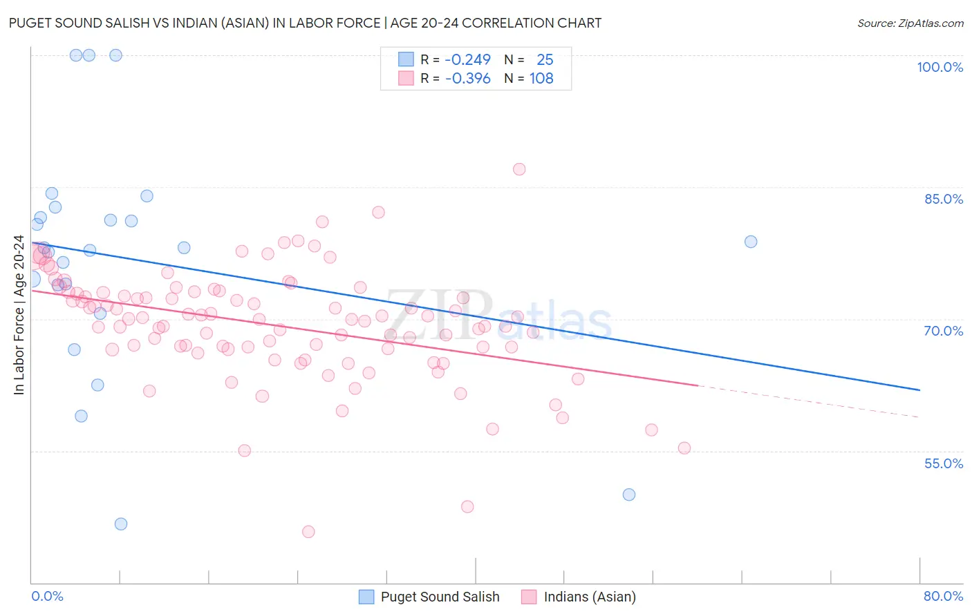 Puget Sound Salish vs Indian (Asian) In Labor Force | Age 20-24