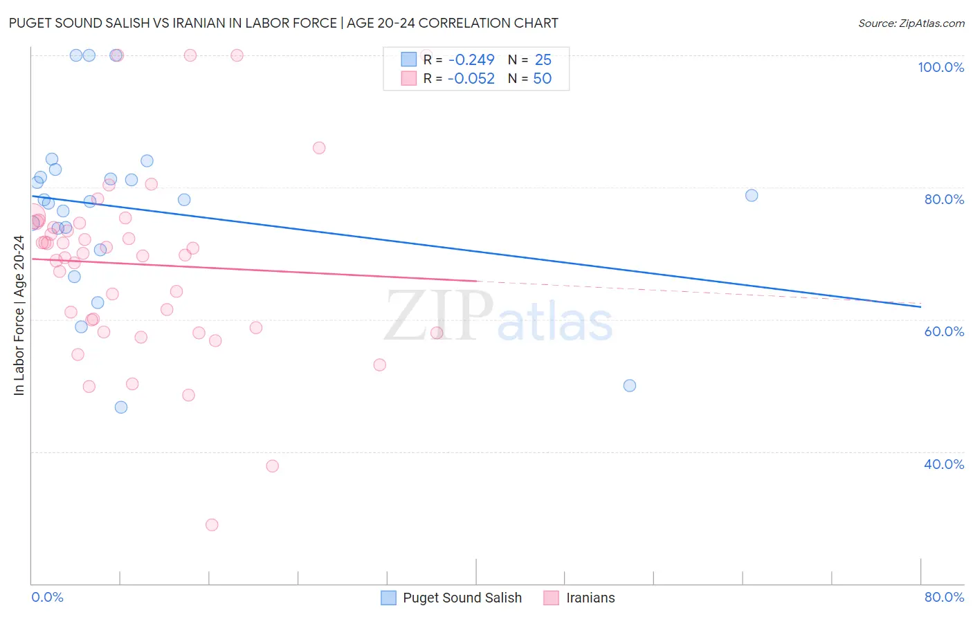 Puget Sound Salish vs Iranian In Labor Force | Age 20-24