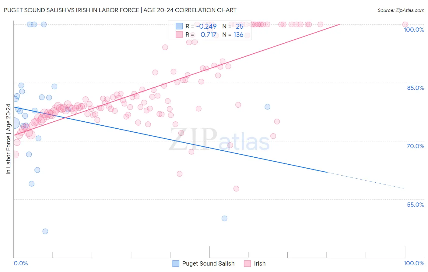 Puget Sound Salish vs Irish In Labor Force | Age 20-24