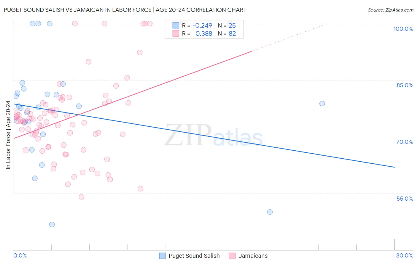 Puget Sound Salish vs Jamaican In Labor Force | Age 20-24