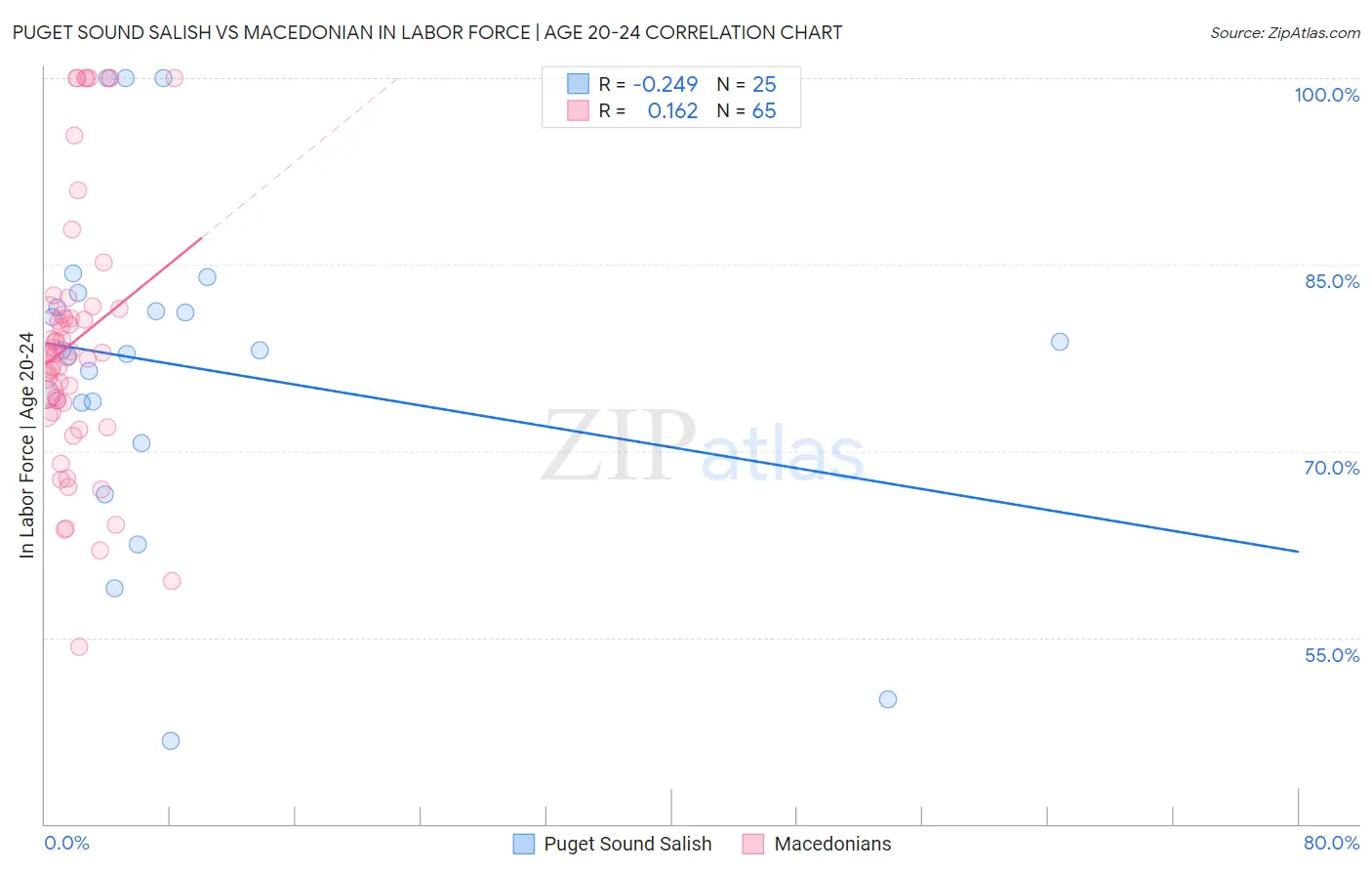 Puget Sound Salish vs Macedonian In Labor Force | Age 20-24