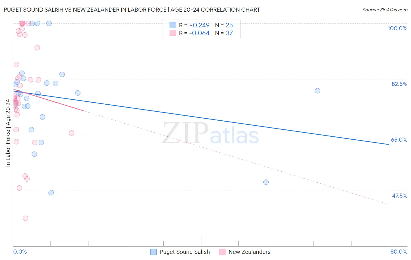 Puget Sound Salish vs New Zealander In Labor Force | Age 20-24