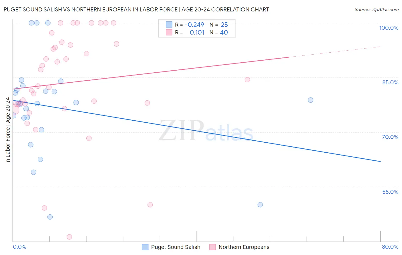 Puget Sound Salish vs Northern European In Labor Force | Age 20-24