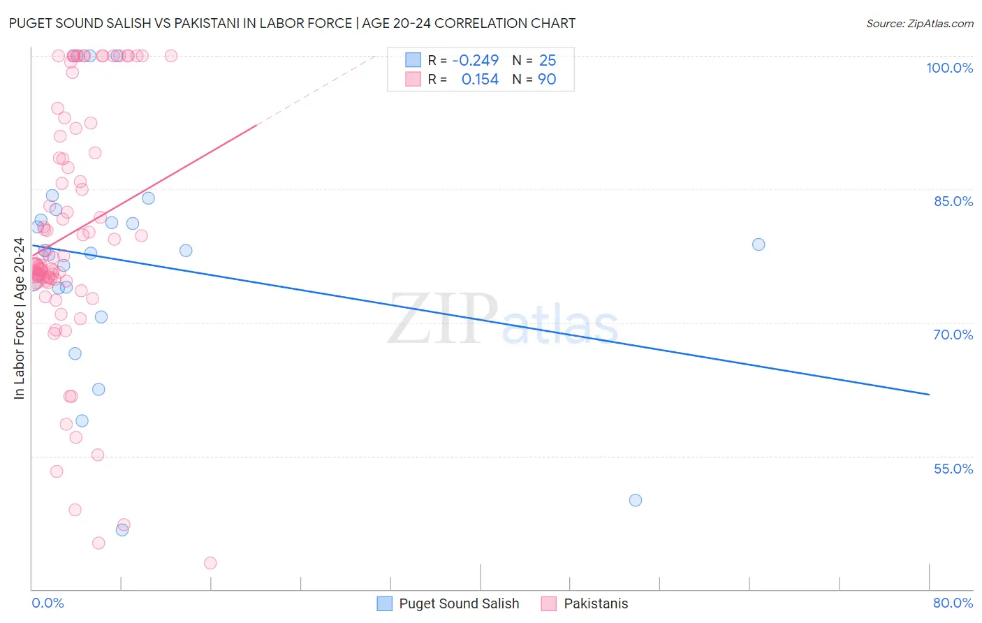 Puget Sound Salish vs Pakistani In Labor Force | Age 20-24