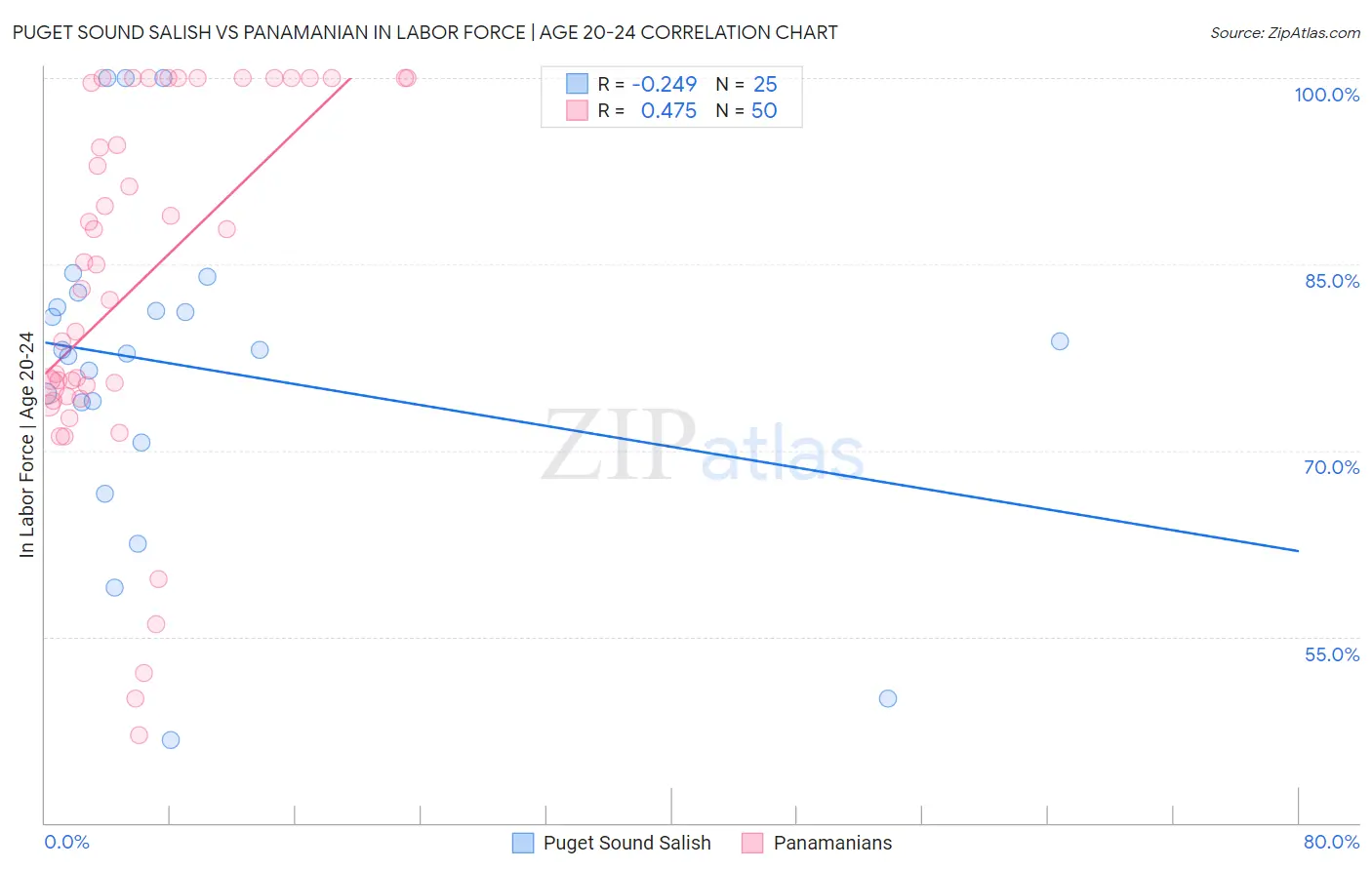Puget Sound Salish vs Panamanian In Labor Force | Age 20-24