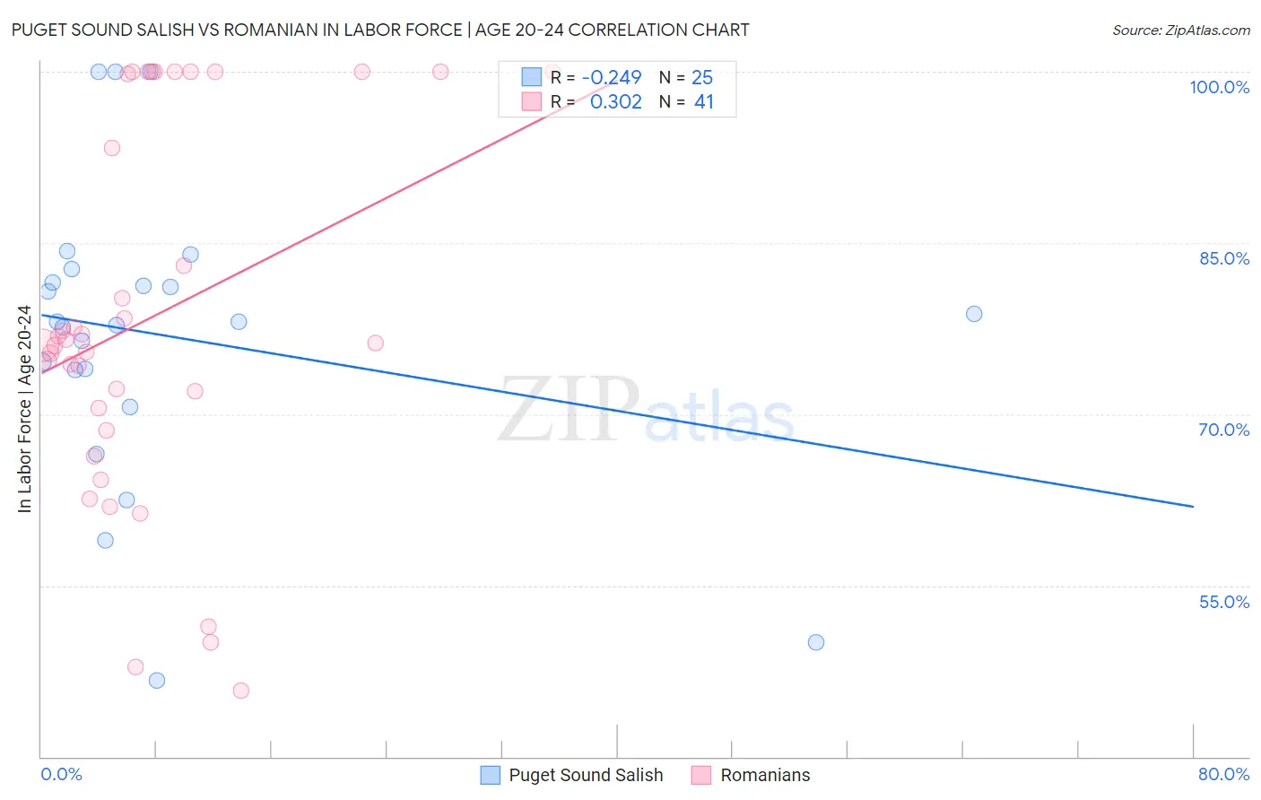 Puget Sound Salish vs Romanian In Labor Force | Age 20-24
